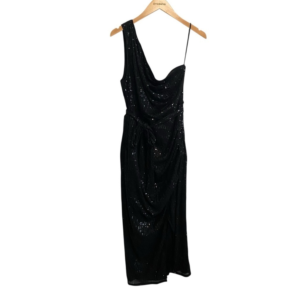 Grace Karin Black Sequin One Shoulder Ruched Midi Evening Dress Size XL - Picture 2 of 7